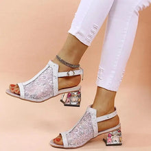 2023 New Women Summer Fashion Mid Heels Peep Toe Shoes for Women Glitter Sandals Ladies Buckle Strap Bling  Rhinestone Sandals