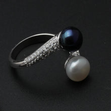 Beautiful Natural Double Pearl Rings For Women,Wedding 925 Silver Pearl Ring Adjustable Wife Mother Birthday Gift White Black