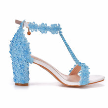 Plus Size 34-43 Shoes for Women Summer Lace Flower Sandals Peep Toe Fashion String Bead High Heel Party Wedding Evening Shoes