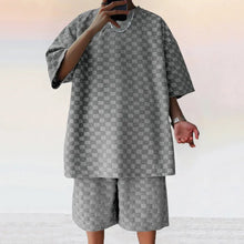 Men White Jacquard Checkered Short Sleeve Shorts Set Men's High-End Two-Piece Summer Trendy Clothing One Set Match Male Fashion