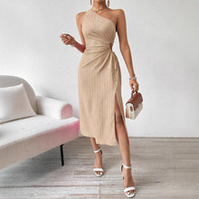 Spring and Summer Elegant Sexy Sleeveless Single Shoulder Diagonal Neck Solid Color Slit Dress Women Summer Dress 2025