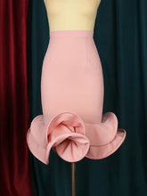 Women's Pink Stretch Skirt with Ruffles Mid-Length High Waist