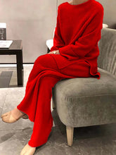 Women Elegant O Neck Loose Sweater and Wide Leg Knitting Trousers Suits Autumn Winter Two Piece Set Vintage Solid Jumper Outfits