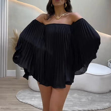 Women's Sexy One Shoulder Pleated Chiffon Long Sleeve Shorts 2 Piece Fashion Loose Shawl Sleeves Elegant Female Beach Shorts Set