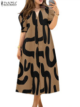ZANZEA Women's A-line Midi Dresses Street Fashion All-Over Print Short Puff Sleeve V-Neck Robes Femme 2025 Summer Loose Vestidos