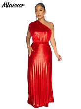 Mlaiscsr Metallic Golden One Shoulder Sleeveless Pleated A-Line Long Dress Elegant Women Luxury Birthday Evening Gowns Vestidos