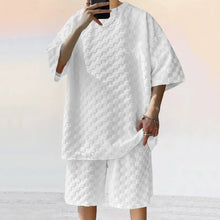 Men White Jacquard Checkered Short Sleeve Shorts Set Men's High-End Two-Piece Summer Trendy Clothing One Set Match Male Fashion