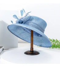 Luxury Blue Sinamay Church Hat For Women Elegant Feather Wedding Bridal Bowler Hats Cocktail Party Derby Cap Chapeau Femme