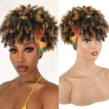 Short Kinky Curly Headband Wig Afro Puff Curly Headband Wig with Bangs for Women Natural Ombre Blonde Synthetic Turban Wrap Wig