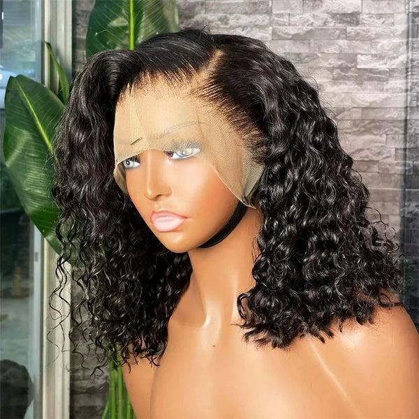 Vietnamese Super Double Drawn Water Wave Curly13x4 Frontal Bob Wig with 100%Human Hair Natural Black 210%Density For Black Women