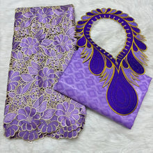 2024 High Quality 2.5yards Bazin Riche Brocade Fabric +2.5 Yards African Cotton Lace Fabric with Collar Set for Dress  M4-1212-1