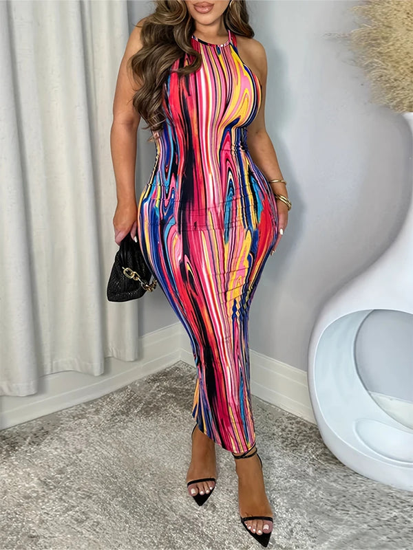 2024 Summer New Women's Round Neck Irregular Colourful Pattern Long Dress Colourful Maxi Dress