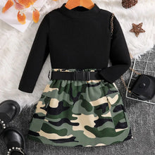 2-piece children's clothing autumn fashion girls' set - black round neck long sleeved top and camouflage skirt