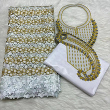 Gold 2.5yards Bazin Riche Fabric with 2.5yards  Cotton Lace Embroidery Fabrics and Collar African Materials For Sewing M5-509-1