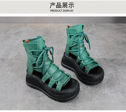 Koznoy 8cm Ethnic Cow Genuine Leather Ankle Booties Women Hollow Peep Toe Platform Wedge Breathable Zip Summer Fashion Shoes