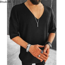 New 2025 Men's Summer Short Sleeve Knit Tops Shirts Casual V-neck British Loose Shirts Male Solid Shirts for Men Fashion Tops