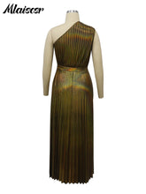 Mlaiscsr Metallic Golden One Shoulder Sleeveless Pleated A-Line Long Dress Elegant Women Luxury Birthday Evening Gowns Vestidos