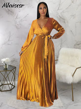 Mlaiscsr Elegant Wedding Guest Pleated Long Dress Women V Neck Lantern Sleeves Sashes Big Swing Sexy Birthday Party Evening Robe