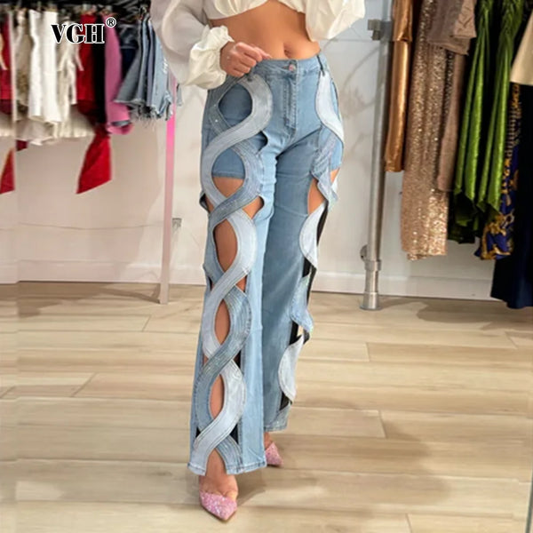 Women's Crisscross Streetwear Denim Trousers With High Waist Patchwork