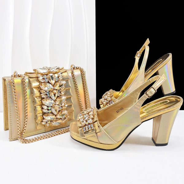 doershow new come Matching Women Shoe and Bag Set Decorated GOLD Nigerian Shoes and Bag Set Italy Shoes and Bag set HFG1-1