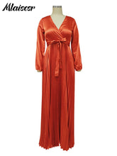 Mlaiscsr Elegant Wedding Guest Pleated Long Dress Women V Neck Lantern Sleeves Sashes Big Swing Sexy Birthday Party Evening Robe