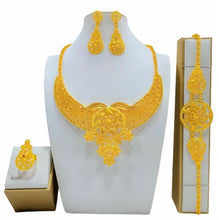 Fashion Dubai Flower Design Luxury 24k Gold Color Women's Jewelry Set African Fashion Bracelet Earrings Necklace Ring Four Piece