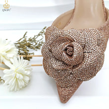 QSGFC Evening Shoes And Bags Set With Full Diamond Handmade Petal Clutches Pointed Toe Mid-Heel Women Shoes