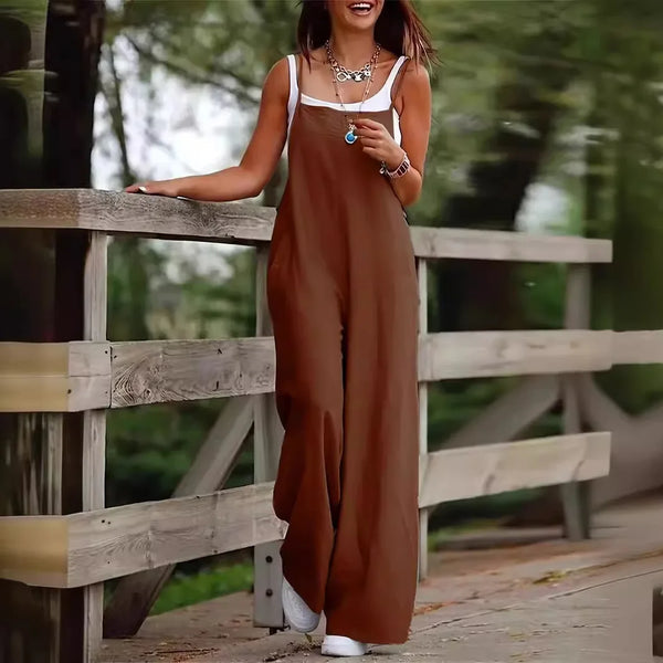 Women's Sleeveless Plus Size Jumpsuit Cotton And Linen Solid Loose Wide Leg Slash Pocket Casual  Ankle-Length Pants 2024