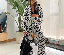 Women Set Autumn Long Sleeve Lapel Printed Casual Fashion Elegant Beach Loose Wide Leg Trousers Ladies Two Piece Suits Pant Sets