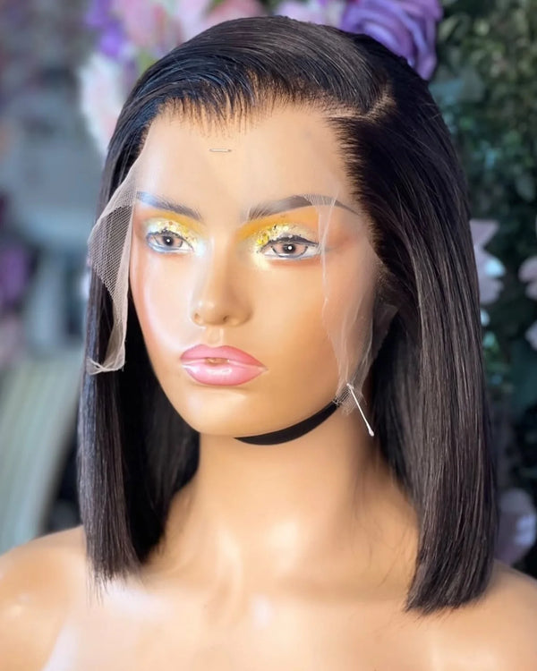 Short Bob Blunt Cut Black Color 13X4 HD Lace Frontal Wig Synthetic Straight Prepluck Hairline Cosplay Daily Layered Glueless