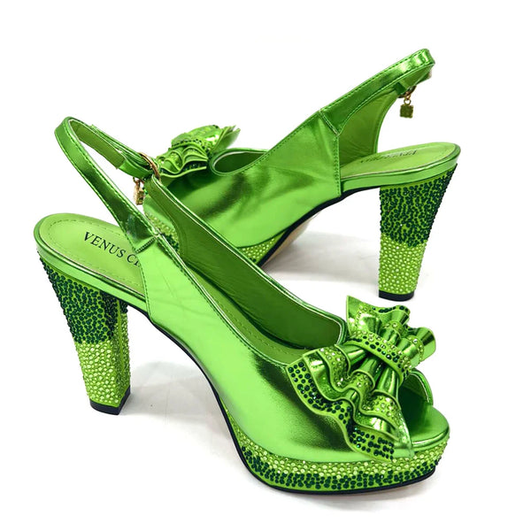 Venus Chan Open Toe Women Heels for 2024 Elegant Party Green Color Diamond Pumps Italian Shoes and Bags Matching Set