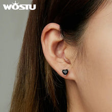 WOSTU Classic 100% 925 Sterling Silver Devil Heart Ear Studs Earrings Exquisite Black Zircon Earrings Fine Anniversary Jewelry
