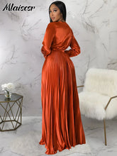 Mlaiscsr Elegant Wedding Guest Pleated Long Dress Women V Neck Lantern Sleeves Sashes Big Swing Sexy Birthday Party Evening Robe