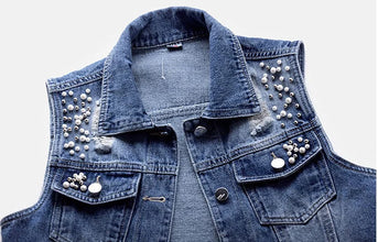 Denim Women Vest Luxury Pearls Fashion Ripped Autumn Plus Size Jeans Jacket Sleeveless Loose Short Coat Causal Waistcoats