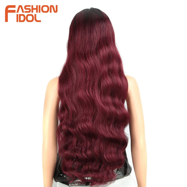 FASHION IDOL Deep Wave Wigs Synthetic 28 Inch Lace Wigs For Black Women Ombre Burgundy Long Wavy African American Cosplay Wigs