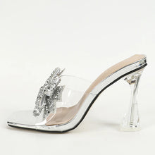 Liyke Fashion Silver Sequined Butterfly Knot Women Transparent Slippers Summer Square Toe Clear High Heels Sandals Female Shoes