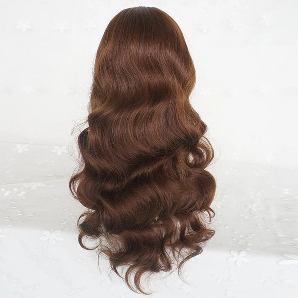 Long Wavy Brown Wig with Bangs Synthetic Women Lolita Cosplay Fluffy Natural Heat Resistant Hair Wig for Daily Party