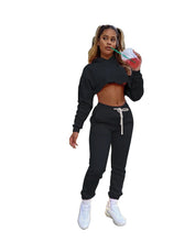Women's Fitness Running Sets Fleece Long Sleeve Cropped Hoodies+Jogger Tracksuit