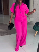 Casual Women's Solid Two Piece Sets Spring Summer Turn-down Neck Short Sleeve Loose Top & Wide Leg Pants Set Streetwear Outfits