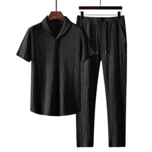 2Pcs/Set Summer Men's Suit Elastic Waistband Pleated Casual Outfit Men Business Short Sleeve Shirts Long Pants Set Male Clothing