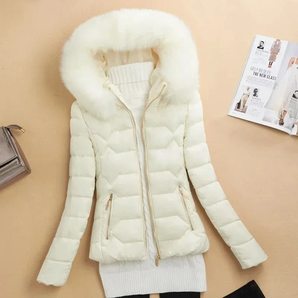 Women's Winter Cotton Padded Big Fur Collar Warm Parkas Jackets