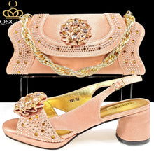 QSGFC Open Toe Women Heels for 2024 Elegant Party Olive Color Diamond Pumps Italian Shoes and Bags Matching Set