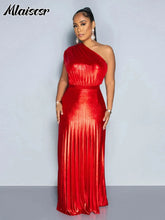 Mlaiscsr Metallic Golden One Shoulder Sleeveless Pleated A-Line Long Dress Elegant Women Luxury Birthday Evening Gowns Vestidos