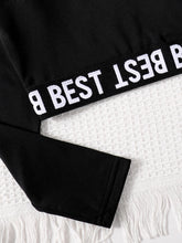Children's clothing girls' fashion set with English printed round neck long sleeves and black slim fit pants 2-piece set