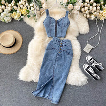 CM.YAYA Women Denim Sets Sleeveless Strap Crop Top and Long Skirts Suits 2024 Summer Jeans Streetwear Two 2 Piece Sets Outfits