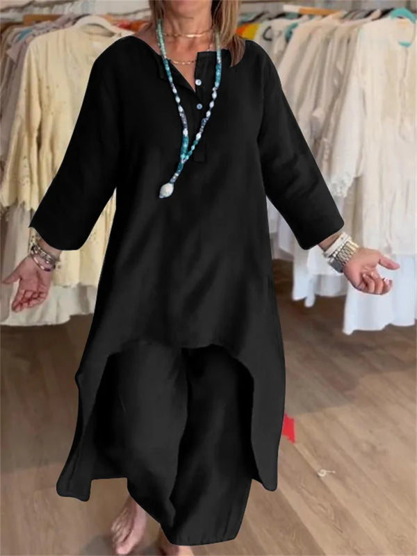 2024 Europe and the United States cross-border summer new, pure color casual long-sleeved cotton and linen suit women