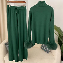 Fashion Autumn Winter Natural Real Fox Fur Cuffs Coat Knitted Sweater Women Long Pants Set Jacket Thick Warm