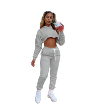 Women's Fitness Running Sets Fleece Long Sleeve Cropped Hoodies+Jogger Tracksuit
