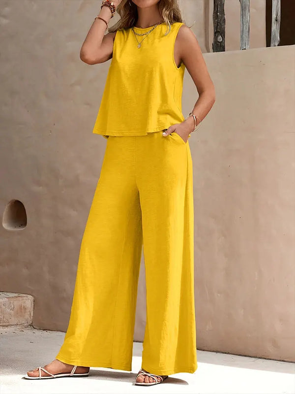2024 Summer Women's Sleeveless Top And Long Pants Set Fashion Ladies Short Tank Top Daily Casual Ladies Long Wide Leg Pants