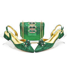 Ladies Shoe and Bag Set Latest Designers Low Heels Elegant Wedding Italian Shoes Bag Set Withn Rhinestone Green Shoe and Purse
